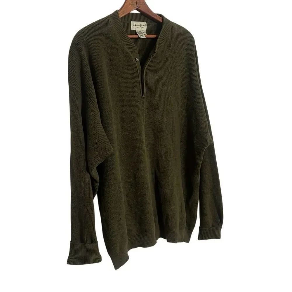 Eddie Bauer Chunky Knit Cotton Henley Pullover Sweater Olive Green‎ Size XL